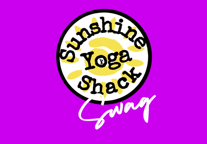 A purple background with the words sunshine yoga shack written in yellow.