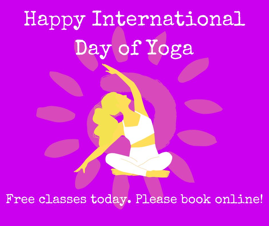 A purple background with a yellow and white yoga pose.