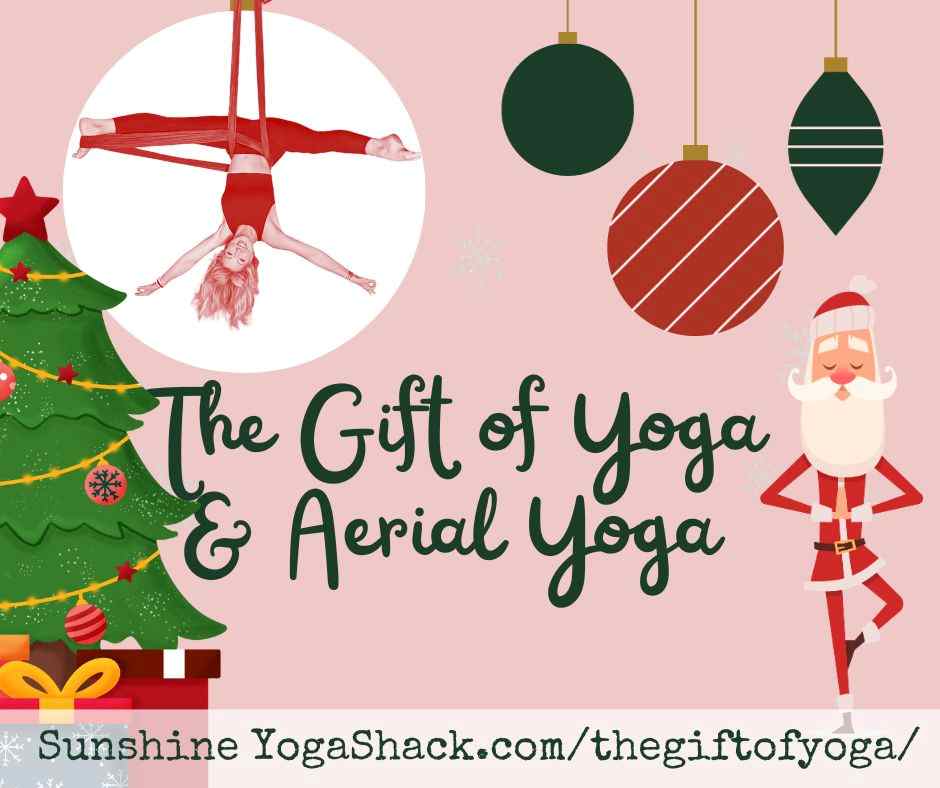 A collage of santa clause, christmas tree and yoga poses.