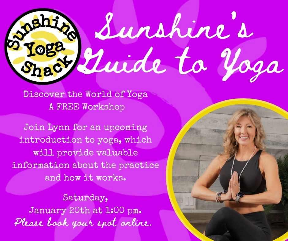 A woman is standing in front of the sunshine yoga shack logo.