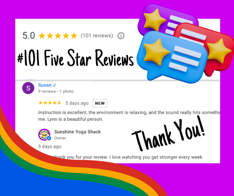 A purple background with the words # 1 0 1 five star reviews and a rainbow.