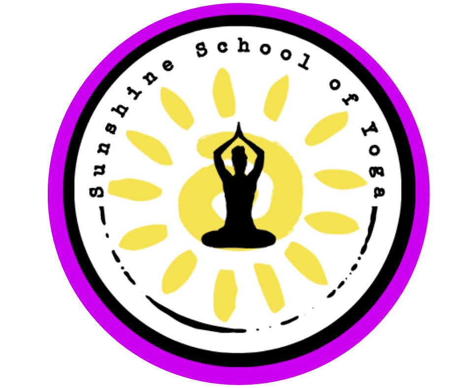 A purple and white circle with the words sunshine school of yoga in it.