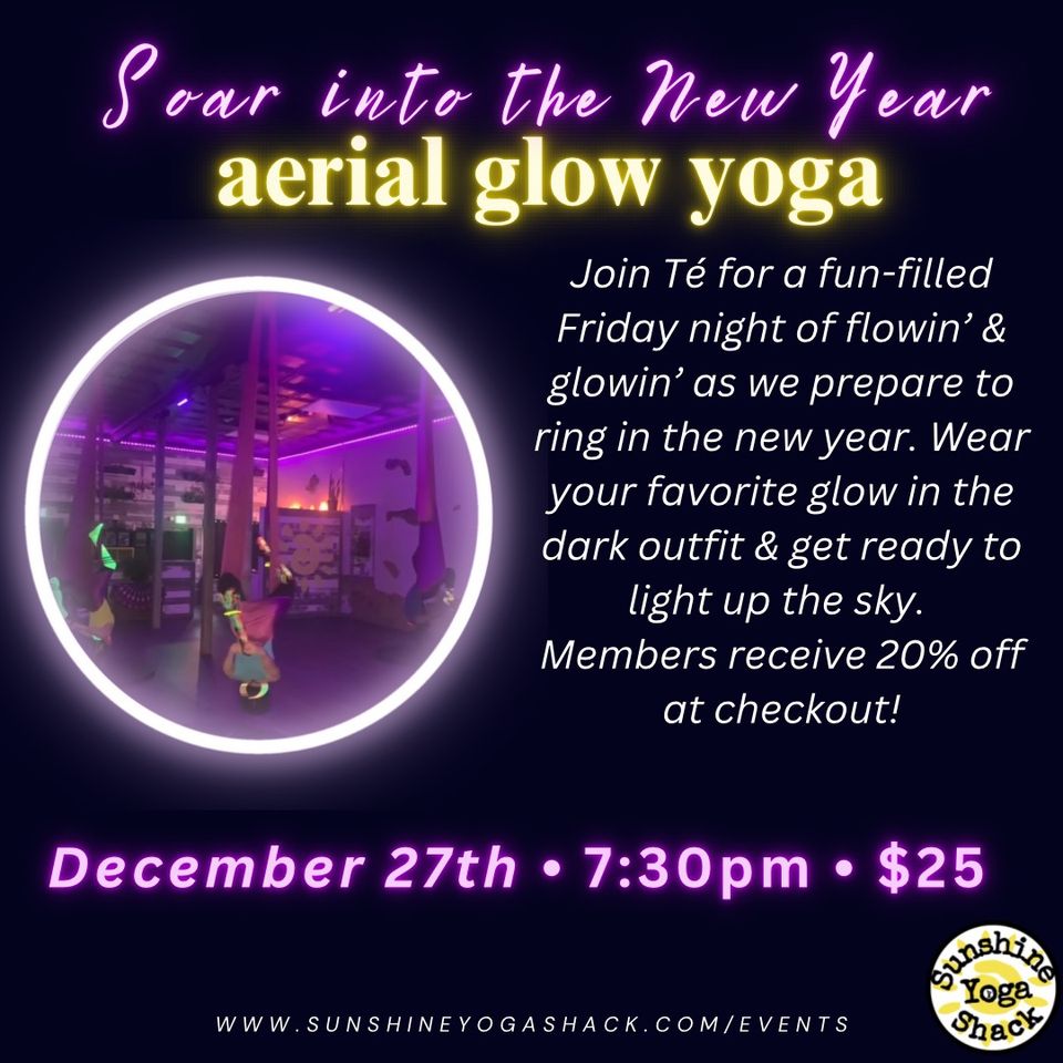 A flyer for an aerial glow yoga class.